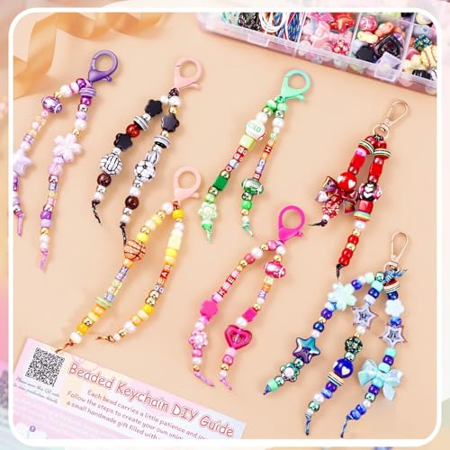 TOHONGADON 883 PCS Bead Keychain Making Kit, Colorful Bead Keychain Kits, DIY Bag Charm Kit, with Video Manual Gift Bags, Perfect for Gifts Party Festival Family Activity - color: 883 Pcs Beads