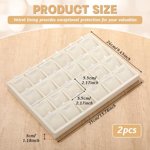 2 Pcs 24 Grid Stackable Jewelry Organizer Tray with Removable Dividers Ice Velvet Jewelry Display Showcase Tray for Necklace Earring Ring Bracelet Holder(Beige Velvet) - color: Beige Velvet