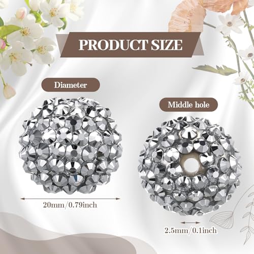 40 Pcs 20 mm Rhinestone Beads Bulk Crystal Round Disco Ball Chunky Bubblegum Beads for Pens Bracelets Charms Craft European Style Jewelry Making Supplies Christmas(Silver) - color: Silver