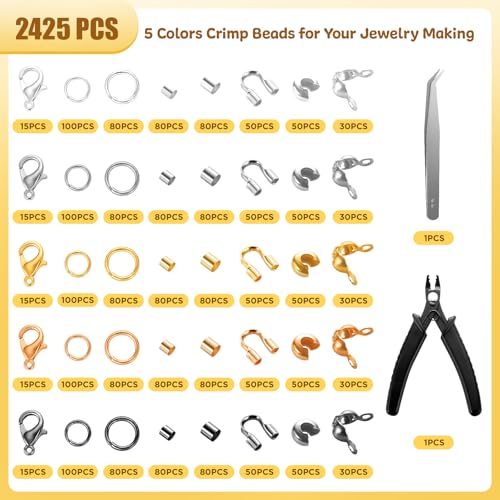 2425pcs Crimp Beads Jewelry Making Kit, Funtopia Crimp Tubes, Crimp Covers, Wire Guards, Lobster Clasp, Jump Ring for Bracelet Earring Necklace Making DIY Jewelry Repair Kit Supplies