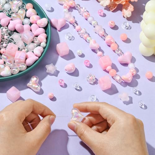 Ipotkitt 160 Pcs Pink Themed Transparent Opaque Acrylic Beads Mixed Shapes Heart Round Flower Star Beads Plastic Spacer Loose Beads for Jewelry Making - color: 160pcs-Pink Themed Beads-6~17mm