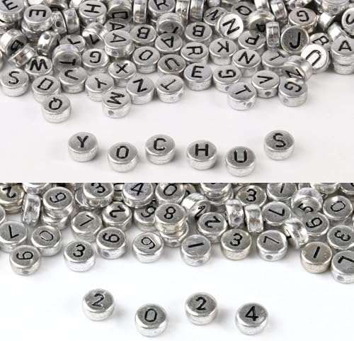 1000pcs Silver Mixed Round Acrylic Letter Beads 4x7mm Black Alphabet Number Beads for Jewelry Making and DIY Bracelets - color: Silver/Black Letter&Number, size: 4x7mm