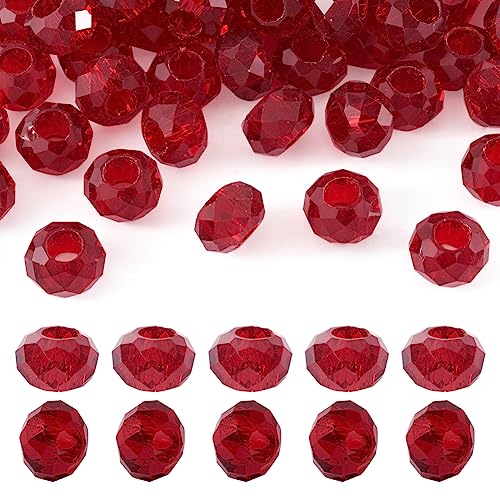 100pcs Dark Red Glass Faceted European Beads Crystal Large Hole Loose Rondelle Spacer Beads Slide Charms No Metal Core 14x8mm for DIY Bracelet Necklace Jewelry Crafts Making Hole:5mm - color: Dark Red