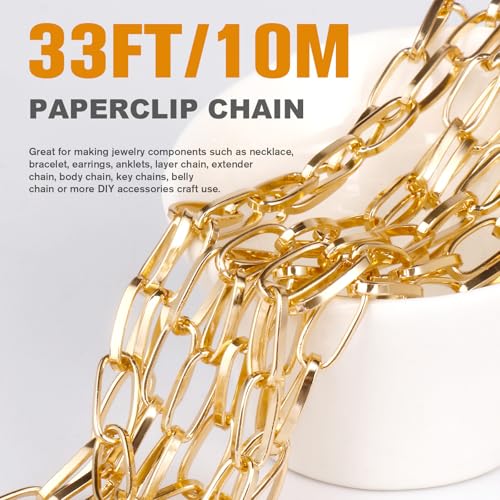 33FT Gold Paperclip Chains Roll, 7mm Aluminum Cable Link Chain Spool Bulk for DIY Crafts Jewelry Making - color: gold, size: 7MM