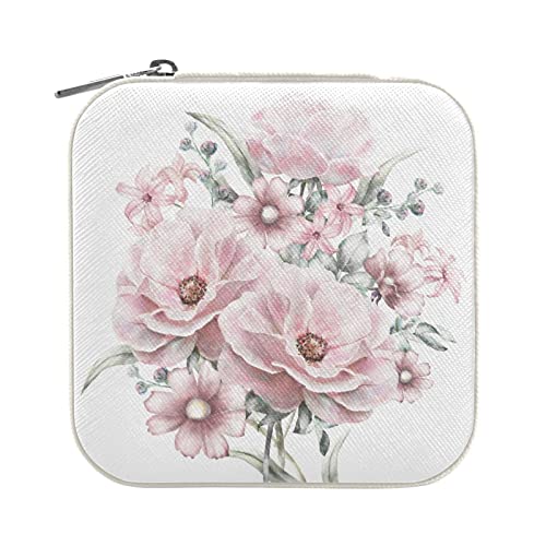 Pink Flowers White Travel Jewelry Case Box Organizer Gifts for Women Girls Men Boys Small Mini Portable Jewelry Storage Box for Earring Ring Necklace - color: Flowers 33