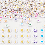 600Pcs Flat Round Vowel Letter Beads 7x4mm with Letter A E I O U Gold Letters White Acrylic Beads for Jewelry Making with Colorful Smiling Faces and Heart - color: Mixed Gold