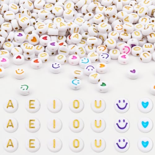 600Pcs Flat Round Vowel Letter Beads 7x4mm with Letter A E I O U Gold Letters White Acrylic Beads for Jewelry Making with Colorful Smiling Faces and Heart - color: Mixed Gold