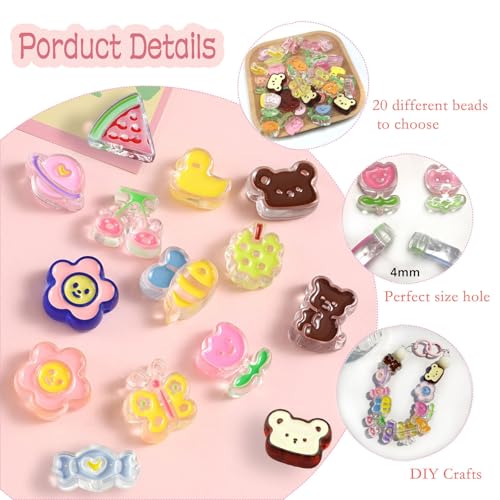 40PCS 20 Styles Large Acrylic Cute Assorted Beads for Jewelry Making Candy Tulip Flower Bear Duck Bee Butterfly Beads for Necklace Earrings Braclets Crafts Focal Beads Chunky Keychain Phone Charms