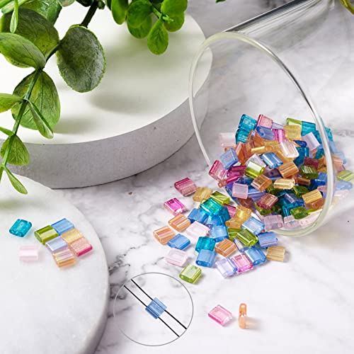 160pcs 2-Hole Glass Tila Beads 5x4.5-5.5x2-2.5mm 8 Colors Transparent Spray Painted Square Rectangle Seed Beads with Glitter for DIY Pendants Bracelets Jewelry Making, Holes: 0.5-0.8mm(Mix Color#1)