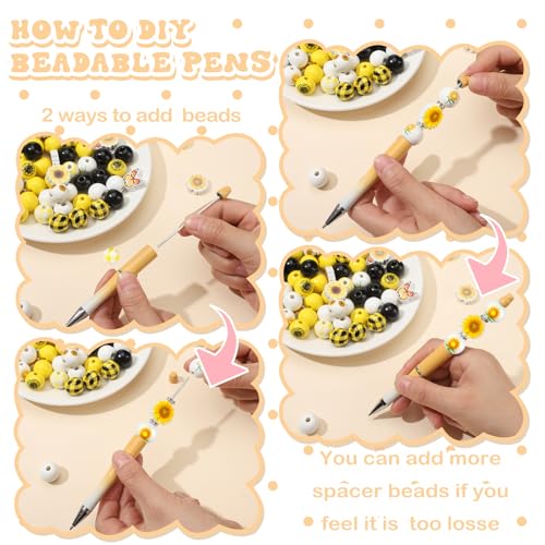 Colarr 24 Sets Plastic Beadable Pens DIY Pens Making Kit Assorted Wood Beads Crystal Spacer Black Ink Ballpoint for Women Crafts Office Family Gifts(Sunflower) - style: Sunflower