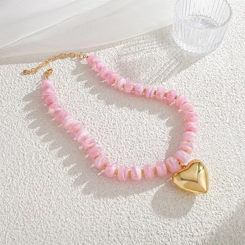Gold Heart Pendant Necklaces for Women Colorful Acrylic Resin Beaded Choker Necklace Fashion Chunky Statement Beaded Heart Necklace - color: Pink