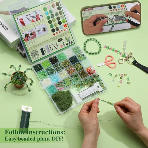 GarfxG Beaded Plant Kit, Green Glass Beads Plants Kit, Forever Plant Beads Green Beads with Step by Step Instructions, Video Tutorials, DIY Making Tools for Home Decor Jewelry Making DIY Craft
