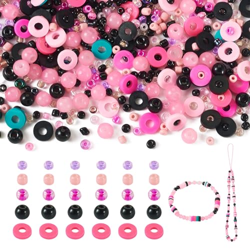 Beadthoven 6mm Clay Beads for Bracelet Making, Glass Seed Beads for Jewelry Making 2Bags Colorful Preppy Spacer Pearl Polymer Heishi Flat Round Clay Disc Spacers for Friendship Bracelet Pink Black - color: Pink Black