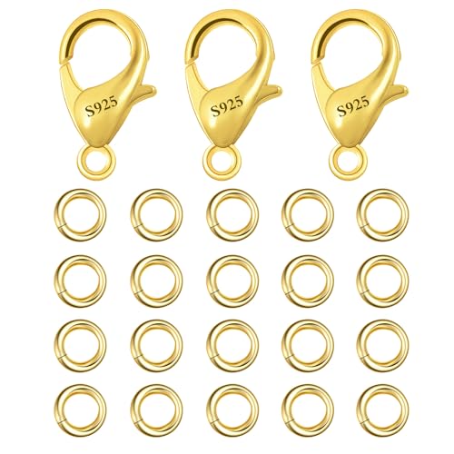 23Pcs 14K Goldplated Lobster Claw Clasps 10mm with Open Jump Rings Jewelry Making Set, 925 Sterling Silver Jewelry Finding Supplies Small Gold Lobster Clasps for Necklaces Bracelet Chains Connector - color: 23PcsA_Gold