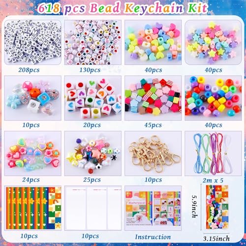 TOHONGADON 618 Pcs Bead Keychain Kit, Colorful Bag Charm Kit with Adjustable Alphabet Beads, Charm Keychain Kits for DIY Key Ring Jewelry Making - color: 618 Pcs Bead