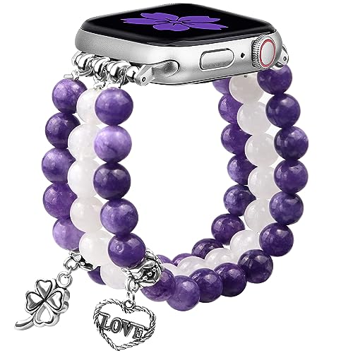 Newlibery Natural Stone Bracelet Beaded-Bands Women Compatible with Apple Watch 38mm 40mm 41mm 42mm (S10/11) Feminine Cute Handmade Stretch Strap for iWatch Series 11/10/9/8/7/6/5/4/3/2/1 SE 3/2/1 - color: A4 Amethyst Quartz, size: 38/40/41/42mm(S10/11)