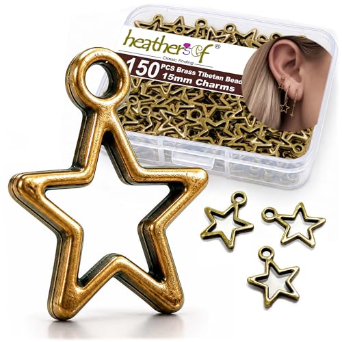 Heather's cf Celestial Beads Moon Charms Pendant Jewelry Making Earrings Necklace Bracelet Kit Findings Jump Rings Lobster Clasp Vintage Finish Plated Non Tarnish Look (Silver Star, 79-150Pcs) - color: Brass Star - 150Pc