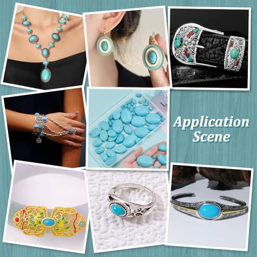 PH PandaHall 84pcs Synthetic Turquoise Stone Cabochons, 7 Sizes Flat Oval Cabochons Blue Texture Gemstone Tiles for Bracelet Necklace Earring Cameo Carfts Jewelry Making, 8/10/14/18/25/30/40mm - size: 8/10/14/18/25/30/40mm