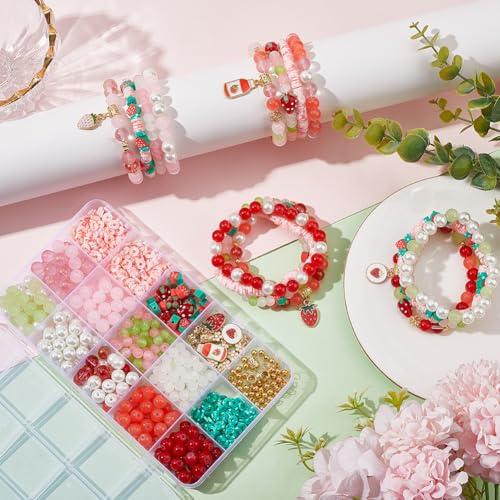 SUNNYCLUE 1 Box About 390Pcs 4 Sets Bracelet Making Kit Strawberry Bracelet Kits Polymer Clay Glass Fruit Flower Wire Beads Sets for Jewelry Making Adults Supplies Women Beginners Adults Starter - style: Strawberry