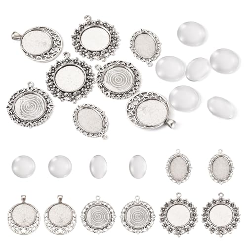 FASHEWELRY 16Pcs Oval Round Bezel Pendant Trays Antique Silver Bezel Blanks Cabochon Setting with Clear Glass Cabochon for Photo Pendant Craft Jewelry Making - color: Oval & Round
