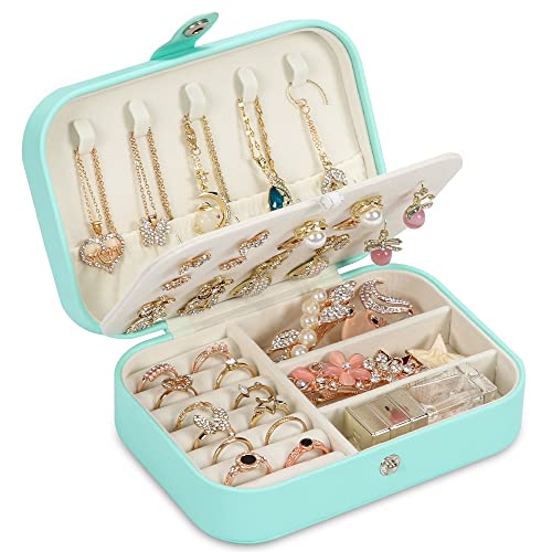 Travel Jewelry Box, PU leather Small Jewelry Organizer For Female Girls, double layer portable mini travel case for storing earrings, rings, necklaces.(Green) - color: green