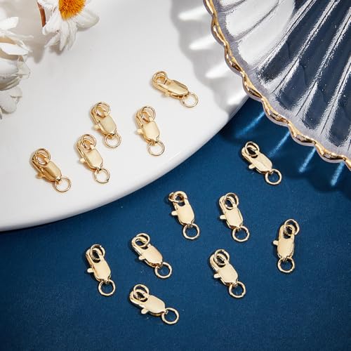 Beebeecraft 1 Box 20Pcs Lobster Clasp 18K Gold Plated Brass 12mm Rectangle Lobster Claw Clasps with Jump Ring for Jewelry Making DIY - color: Gold, size: 12x6x2.5mm