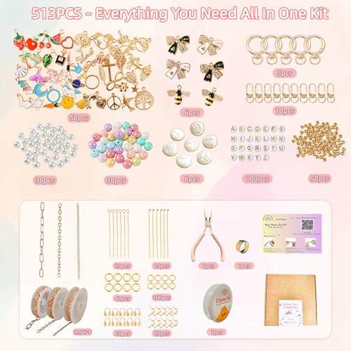 NewOasis 513Pcs Gold Keychain Making Kit & Bag Charm Kit, DIY Lip Gloss Charms & Jewelry Making Supplies with Enamel Charms, Beads, Pliers - Coquette Aesthetic & Preppy Gifts