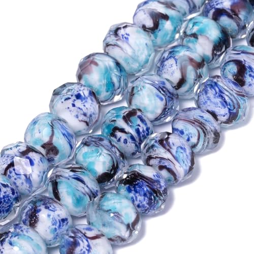 7.5×10mm 50pcs Light Blue Dark Blue Stripe Faceted Lampwork Glass Beads for Jewelry Making, Flat Round Handmade Murano Beads for Bracelets, Crafts, Friendship Bracelet Kit, Rosary Making - color: Light Blue Dark Blue Stripe