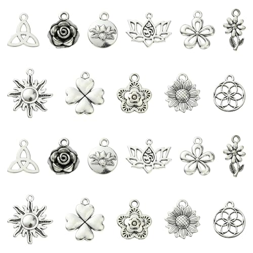 13-200Pcs Assorted Shapes Pendants Charms 14 Styles Antique Silver Bronze Tibetan Alloy Charms Vintage Pendants for Jewelry Bracelets Neckalces Earrings Keychains Making and Crafting - color: Mixed Flowers6A- 66 pcs