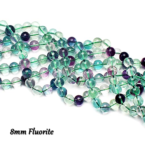 70PCS Natural 8MM Healing Gemstone, Fluorite Energy Stone Round Loose Beads, Semi-Precious Crystal Beads with Free Elastic String for Jewelry Making DIY - color: Fluorite