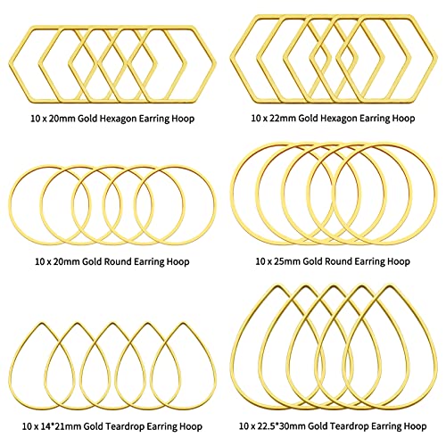 60pcs Hoop Earrings for Jewelry Making,Beading Hoops Earrings Hypoallergenic Teardrop Hexagon Round Earring Hoop Open Bezel Pendant Frame for DIY Crafts(Gold,3 Shapes) - color: 60PCS;Teardrop,Hexagon,Round;Gold