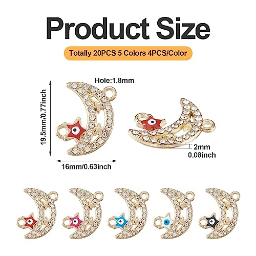Cheriswelry Rhinestone Enamel Connectors Charm Links Evil Eye Alloy Metal Pendants Antique Silver Flat Round Hamsa Hand Owl Feather Heart Charm Pendant for Bracelet Necklace Jewelry Making - color: Mixed Color-Moon & Star