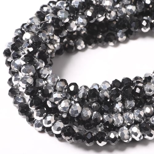 5 Strands 4mm Black Silver Color Half Plated Faceted Rondelle Beads, Songxi Glass Beads for Keychain Making Necklace Earring Jewelry Making for Gemstone DIY Craft Supplies - color: Black Silver Color, size: 4mm(5 Strands)