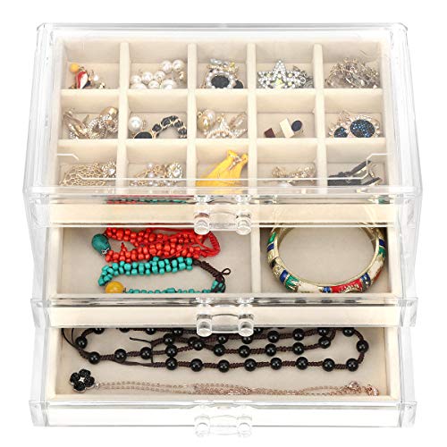 FEISCON Acrylic Jewelry Organizer Makeup Cosmetic Storage Organizer box Clear Jewelry Case with 3 Drawers Adjustable Jewelry Box Velvet Trays grid size - size: 3 layer