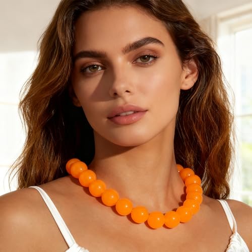Chunky Acrylic Resin Beaded Necklace for Women Colorful Large Round Choker Adjustable Stack Acrylic Beads Necklace Resin Summer Party Jewelry - style: Orange