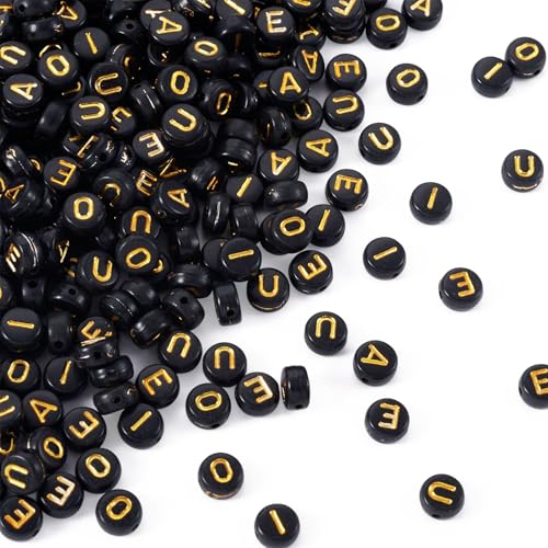 500Pcs Acrylic Beads 7mm Black Vowel Letter Beads Gold Alphabet Bead A E I O U Small Initial Kandi Bead for Crafts DIY Friendship Bracelets Keychain Jewelry Making Supplies - color: Black, Gold Letters, size: 7x3.5mm