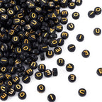 500Pcs Acrylic Beads 7mm Black Vowel Letter Beads Gold Alphabet Bead A E I O U Small Initial Kandi Bead for Crafts DIY Friendship Bracelets Keychain Jewelry Making Supplies - color: Black, Gold Letters, size: 7x3.5mm