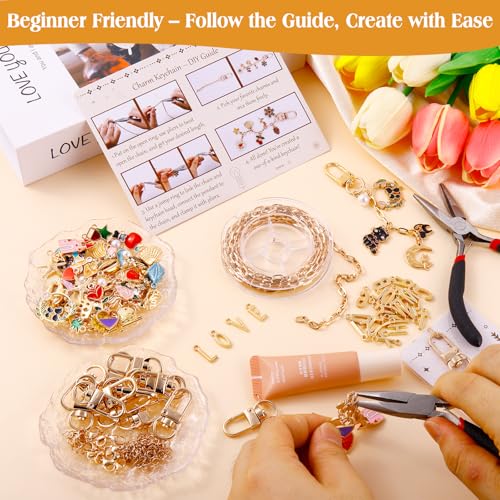 TOHONGADON 285 Pcs Keychain Making Kit, Bag Charm Kit with 92 Charms, 22 Keychain Clips, Key Ring Jewelry Plier, Extender Chain, Letter Beads for DIY Crafting and Jewelry Making - color: 285 Pcs Keychain