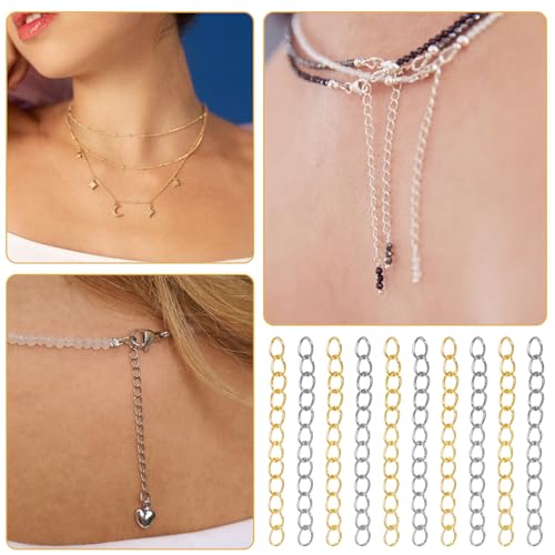 100 PCS Chain Extender for Jewelry Making Bracelet Extender Silver and Gold Tail Extension Chain Removable Necklace Extension Chains for Jewelry Making, Anklets - color: Gold, Silver