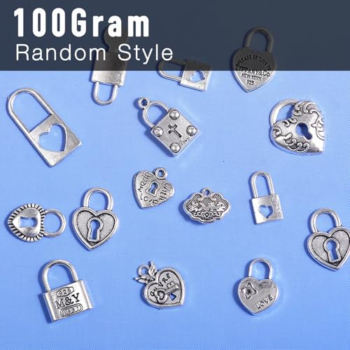 stino 100 Gram Metal Charms for Jewelry Making, Silver & Gold Plated, Bulk Pack for Bracelets, Necklaces, Crafts - color: Heart Lock Silver