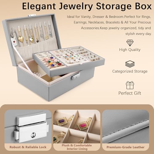 Homeanda Jewelry box 2 layer Jewelry box Leather Jewelry boxes for Women Girls Teens Jewelry organizer box Jewelry Storage box with lock(Grey) - color: Grey