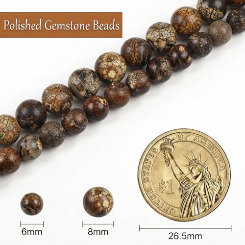 Stone Beads, 45pcs Brown Dragon Vein Agate, 8mm Round Loose Beads for Jewelry Making, Bracelets, with Bag, String & Card - color: Brown Dragon Vein Agate, size: 8mm