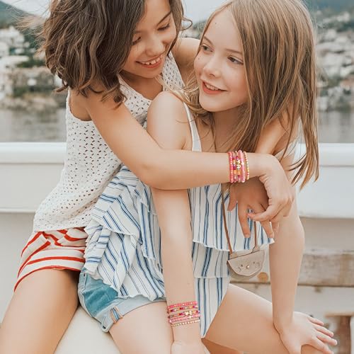 Turandoss Mothers Day Gifts for Daughter Teen Girls Kids - 5PCS 14K Gold Plated Dainty Beaded Bracelet Set Stack, Colorful Letter Charm Stretch Bracelets Beads Ball for Teen Daughter Jewelry Gifts - color: A.
