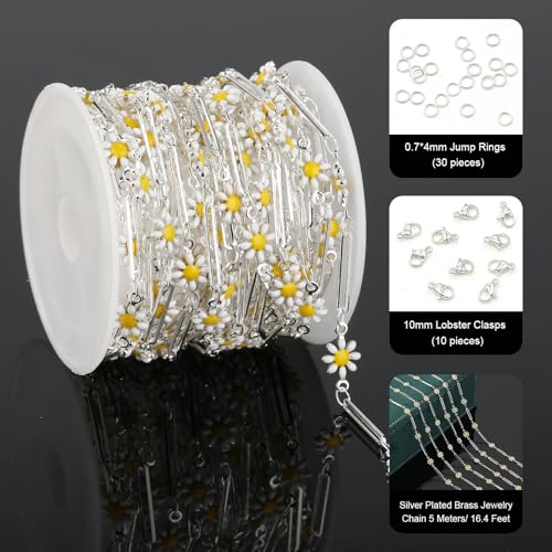 YOUBEIYEE 16.4 Feet Silver Plated Brass Chain for Jewelry Making Silver Paperclip Chain Enamel Daisy Flower Chains Bulk with Jump Rings Lobster Clasps - color: Daisy