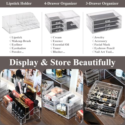 Sea Team 3-Layer Stackable Clear Makeup Organizer with Drawers, Acrylic Plastic Cosmetic Display Case, Jewelry Storage Box for Dresser, Bathroom, Vanity, Countertop (7 Drawers, 1 Lipstick Holder) - size: 7 Drawers, 1 Lipstick Holder