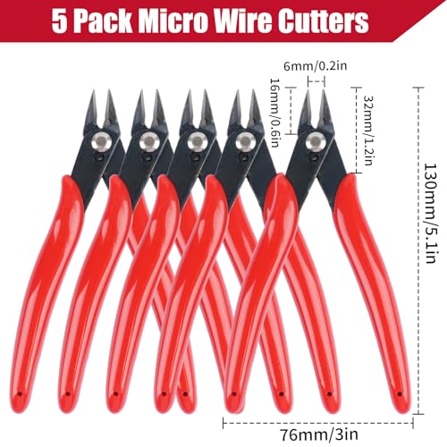 5 Pack Micro Wire Cutters, 5 Inches Flush Cutters Pliers, Diagonal Side Cutters Nippers, Zip Tie Sprue Cutter for Electronics, Plastic Models, Jewelry (Red) - color: Red