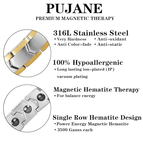 Magnetic Hematite Bracelets for Men Women 316L Stainless Steel Power Balance Energy Magnets Stones Bracelet Jewelry Gift with Adjustment Tool - color: Silver & Gold