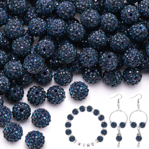 150pcs 10mm Rhinestone Beads for Jewelry Making, Blue Black Shiny Round Shamballa Disco Ball Beads Bulk, Sparkle Crystal Clay Christmas for Bracelet Baseball Necklace Earring Crafting and DIY - color: Blue Black, size: 10mm/150pcs