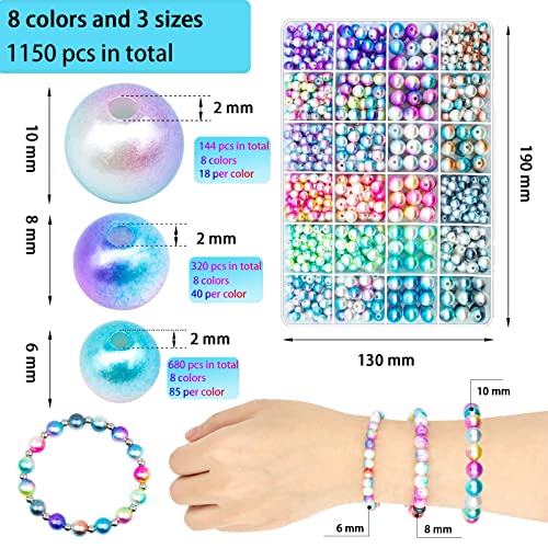 1150 pcs Gradient Mermaid Imitation Pearl Beads for Craft, Faux ABS Smooth Filler Rainbow Assorted Sizes 6mm 8mm 10mm Pearl Beads for DIY Jewelry Earrings Necklaces Bracelets Making