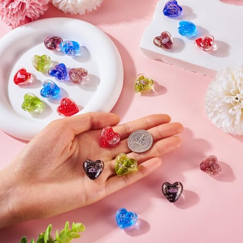Elecrelive 20Pcs Gold Sand Lampwork Luminous Heart Beads Glow in The Dark Love Crystal Beads 20.5mm for Friendship Bracelet Necklace Earring Key Chains Valentine - color: 10 Colors, Heart